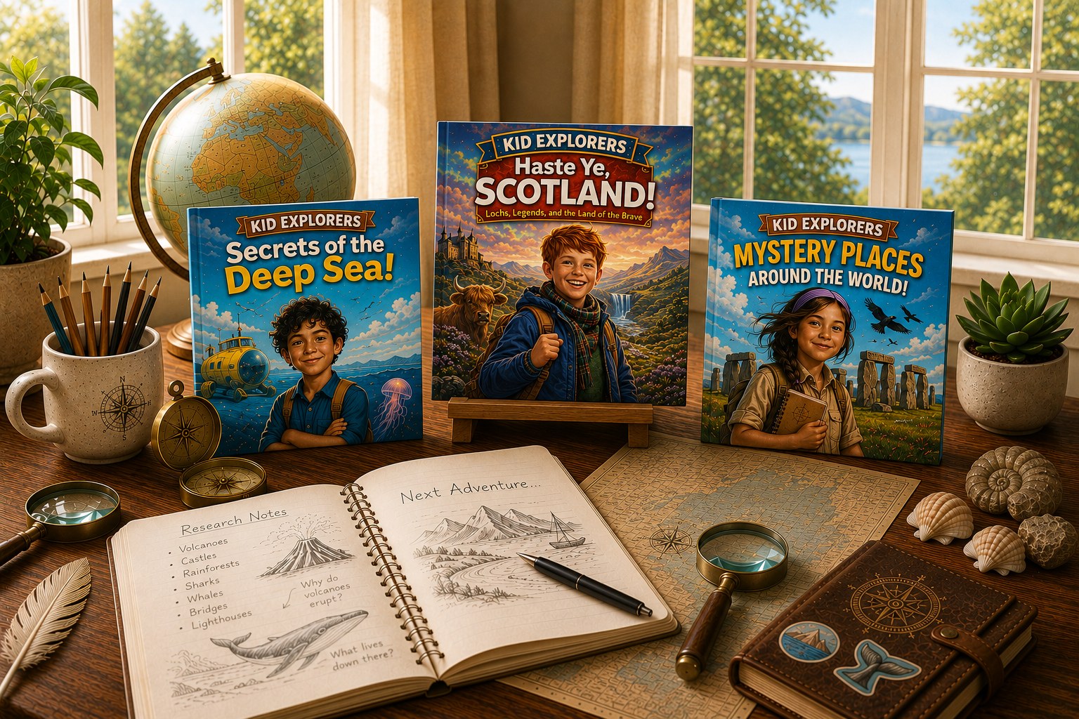 A writing desk with the Kid Explorers Secrets of the Deep Sea, Haste Ye Scotland, and Mystery Places Around the World books, a globe, compass, and an open research journal