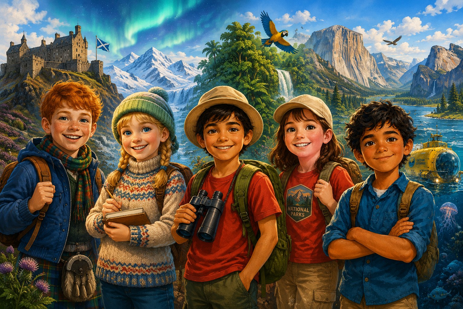 Illustrated Kid Explorers guides standing together in front of a Scottish castle, snowy mountains, a rainforest waterfall, national park cliffs, and the ocean